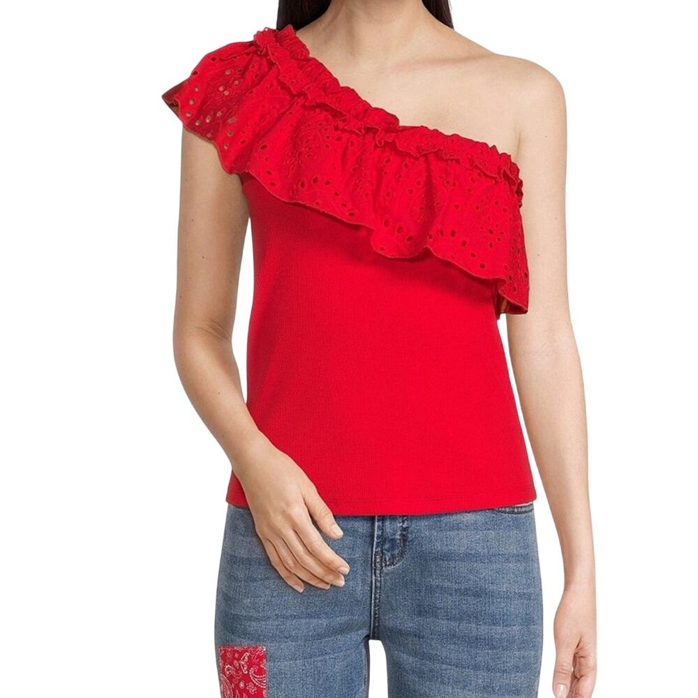 Tru Luxe Woven Eyelet Ruffle Asymmetric One Shoulder Sleeveless Top XL